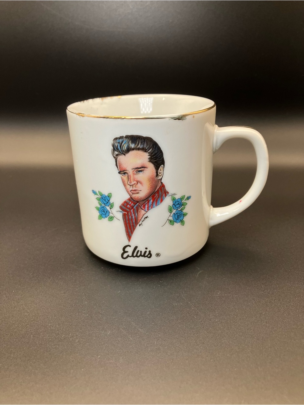 Vintage Japan Elvis White Ceramic Mug with Blue Floral Accents and Gold Rim